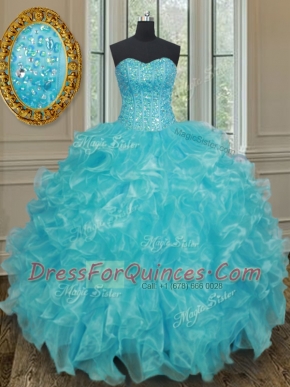 High Quality Sweetheart Sleeveless Sweet 16 Quinceanera Dress Floor Length Beading and Ruffles Aqua Blue Organza