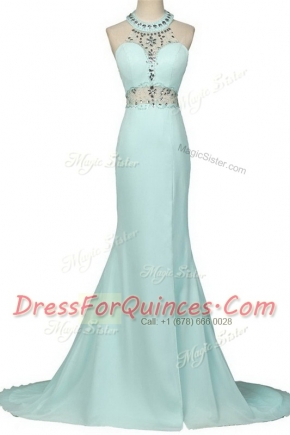 Admirable Mermaid Halter Top With Train Light Blue Prom Evening Gown Chiffon Brush Train Sleeveless Beading