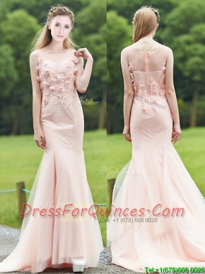 Luxurious See Through Light Pink Mermaid Prom Dresses with Brush Train