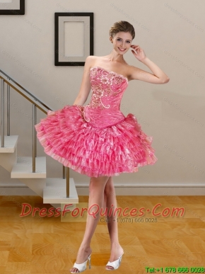 2015 Pink Short Cheap Dama Dresses with Appliques and Pick Ups
