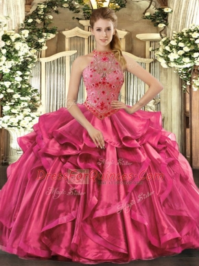 Hot Pink Sleeveless Floor Length Beading and Embroidery and Ruffles Lace Up Quinceanera Gowns