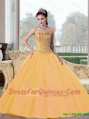 Elegant Beading Strapless 2015 Quinceanera Dresses in Gold