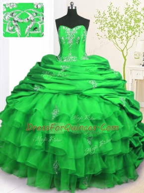 Flirting Green Strapless Lace Up Beading and Appliques and Ruffled Layers and Pick Ups Vestidos de Quinceanera Brush Train Sleeveless