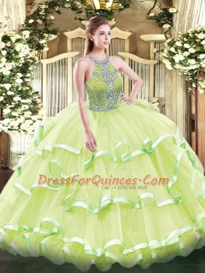 Cheap Floor Length Yellow Green Quince Ball Gowns Halter Top Sleeveless Lace Up