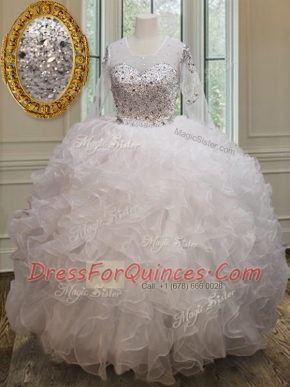 Latest Scoop See Through Organza Long Sleeves Floor Length 15th Birthday Dress and Beading and Ruffles