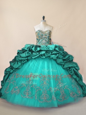 Perfect Sleeveless Beading and Pick Ups Lace Up Quinceanera Gowns with Turquoise Brush Train