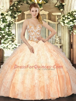 New Arrival Peach Organza Lace Up Sweet 16 Dress Sleeveless Floor Length Beading and Ruffles