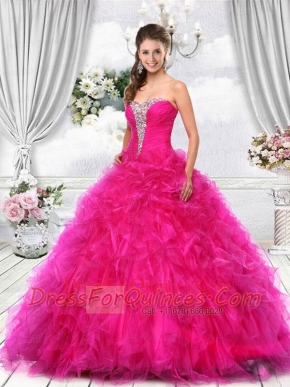 2015 Sweetheart Organza Hot Pink Quinceanera Dress with Beading