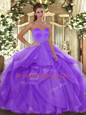Simple Sleeveless Tulle Floor Length Lace Up Sweet 16 Quinceanera Dress in Lavender with Beading and Ruffles
