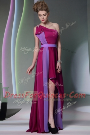 Fitting One Shoulder Sleeveless Side Zipper Prom Evening Gown Burgundy Chiffon