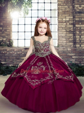 Fuchsia Straps Lace Up Embroidery Kids Pageant Dress Sleeveless