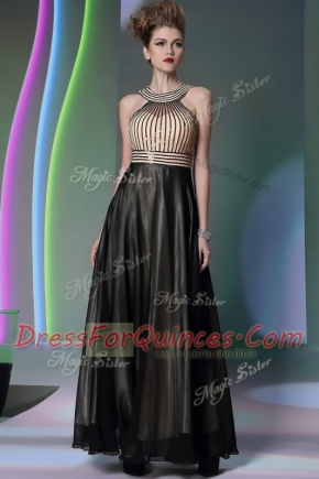 Dynamic Halter Top Sleeveless Prom Gown Floor Length Beading Black Chiffon