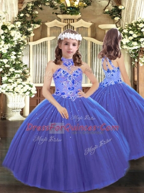 Appliques Little Girls Pageant Gowns Blue Lace Up Sleeveless Floor Length