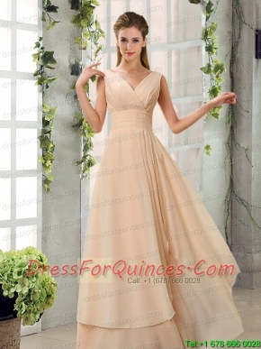 Ruching V Neck Chiffon Prom Dresses in Champagne