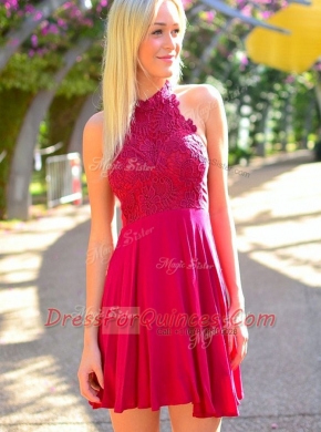Stunning Halter Top Sleeveless Zipper Mini Length Appliques Prom Gown