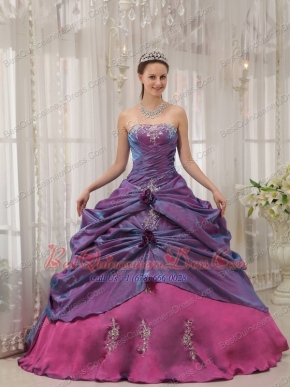 Purple Ball Gown Strapless Floor-length Taffeta Appliques Quinceanera Dress