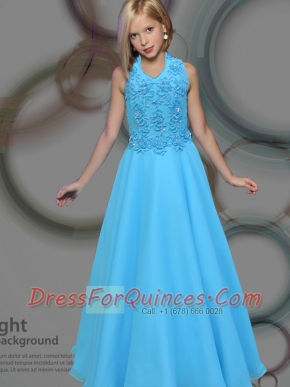 Simple A-line Aqua Blue Appliques Chiffon Little Gril Pageant Dress Halter