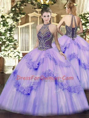 High Class Lavender Sleeveless Tulle Lace Up Sweet 16 Dresses for Sweet 16 and Quinceanera