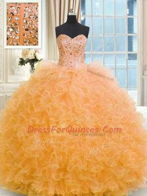 Sleeveless Floor Length Beading and Ruffles Lace Up 15 Quinceanera Dress with Orange