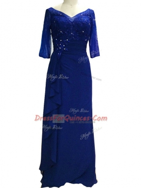 Royal Blue Column/Sheath Chiffon V-neck Sleeveless Beading Floor Length Zipper Prom Dress