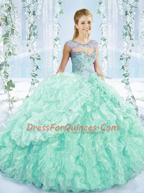 Apple Green Ball Gowns Beading and Ruffles Quinceanera Gowns Lace Up Organza Sleeveless