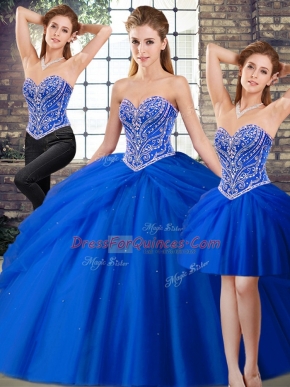 Enchanting Lace Up Ball Gown Prom Dress Royal Blue for Military Ball and Sweet 16 and Quinceanera with Beading and Pick Ups Brush Train