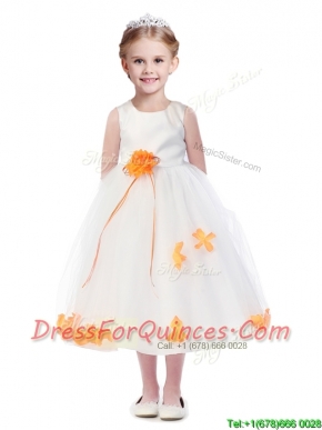 Popular Scoop Flower Girl Dress with Orange Red Hand Made Flowers