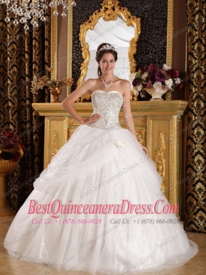 White Ball Gown Sweetheart Floor-length Organza   and Sequined Quinceanera Dress