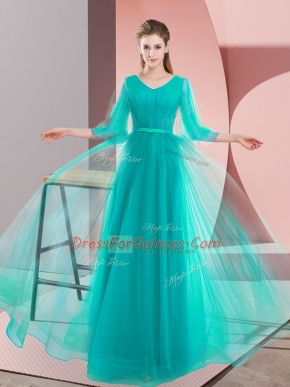 Most Popular Turquoise Lace Up V-neck Beading Tulle Long Sleeves