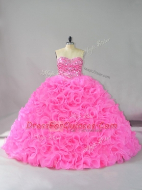 Fashion Hot Pink Sleeveless Floor Length Beading and Ruffles Lace Up Sweet 16 Quinceanera Dress
