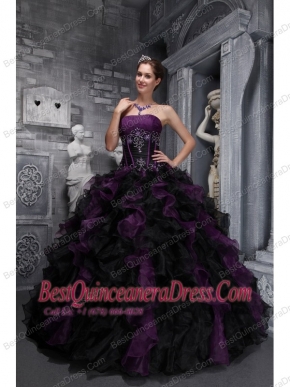 Drak Purple and Black Ball Gown Strapless Floor-length Taffeta and Organza Appliques and Ruffles   Quinceanera Dress