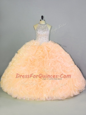 New Arrival Peach Lace Up 15 Quinceanera Dress Beading and Ruffles Sleeveless Floor Length
