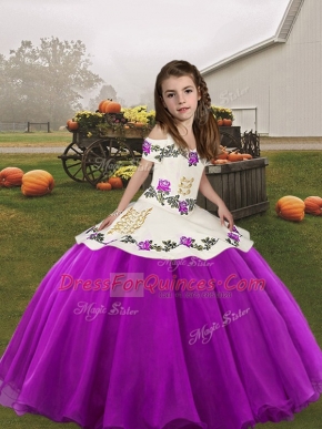 Purple Lace Up Little Girls Pageant Gowns Embroidery Sleeveless Floor Length
