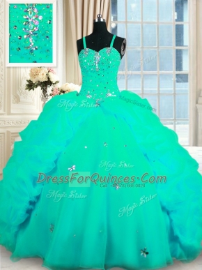 Beautiful Spaghetti Straps Sleeveless Sweep Train Lace Up Sweet 16 Dress Turquoise Organza