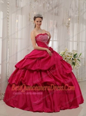 Wine Red Ball Gown Strapless Floor-length Taffeta Beading Quinceanera Dress