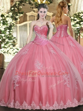 Dramatic Watermelon Red Tulle Lace Up Sweetheart Sleeveless Floor Length Quinceanera Dresses Beading and Appliques