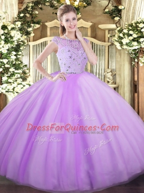 Ball Gowns Quinceanera Dress Lavender Bateau Tulle Sleeveless Floor Length Zipper