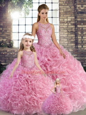 Lovely Floor Length Lace Up Quince Ball Gowns Rose Pink for Military Ball and Sweet 16 and Quinceanera with Beading