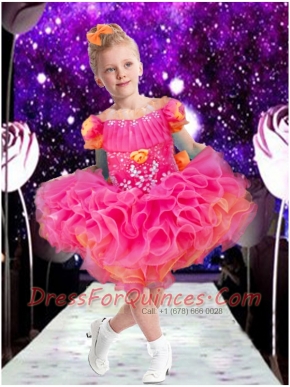 Sweet Ball Gown Bateau Mini-length Hand Made Flowers Beading Hot Pink Little Girl Dress