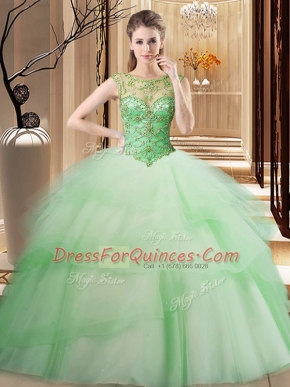 Scoop Apple Green Lace Up Quinceanera Dress Beading and Ruffled Layers Sleeveless Brush Train