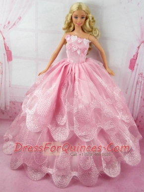 Romantic Pink Gown With Embroidery Dress For Barbie Doll