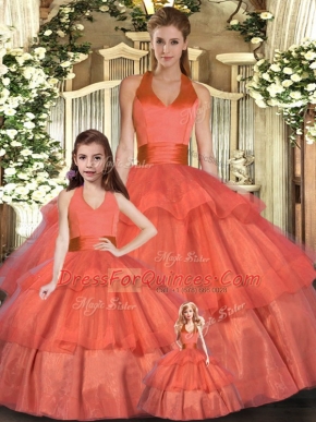 Customized Floor Length Orange Red Quinceanera Dress Organza Sleeveless Ruffled Layers