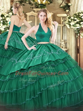 Low Price Dark Green Two Pieces Organza and Taffeta Halter Top Sleeveless Embroidery and Ruffled Layers Floor Length Zipper Vestidos de Quinceanera