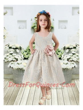 Natural Scoop Sleeveless Tea-length Flower Girl Dress with Zipper-up