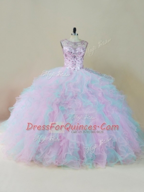 Admirable Multi-color Ball Gowns Beading and Ruffles Vestidos de Quinceanera Lace Up Organza Sleeveless Floor Length