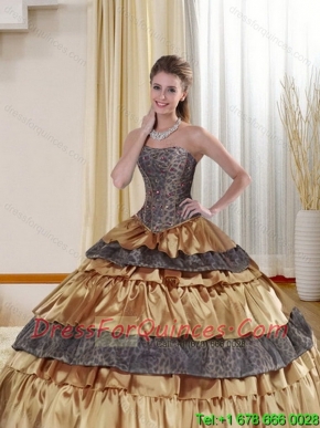 Elegant Strapless Leopard 2015 Gold Quince Dress with Ruffled Layers and Beading