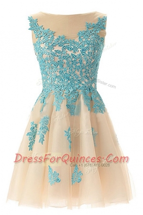 Mini Length Zipper Evening Dress Champagne for Prom and Party with Appliques