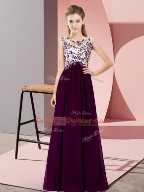 Sumptuous Dark Purple Chiffon Zipper Scoop Sleeveless Floor Length Dama Dress for Quinceanera Beading and Appliques