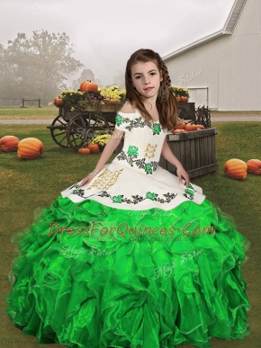 Low Price Green Sleeveless Floor Length Embroidery and Ruffles Lace Up Pageant Gowns For Girls