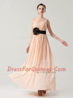 One Shoulder Sleeveless Chiffon Ankle Length Side Zipper Evening Dress in Peach with Belt